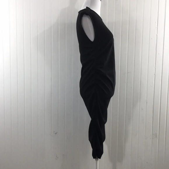Of Mercer Black Bodycon Midi Dress Womens 2 Sleeveless Snap Shoulder Shirred - Picture 2 of 11